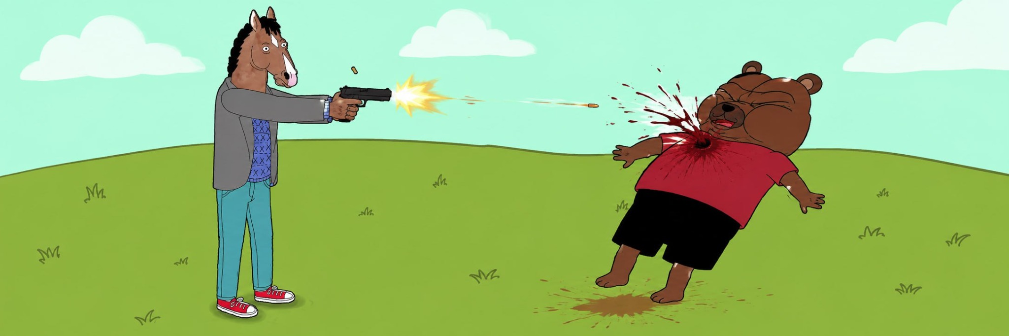Horse shooting a bear
